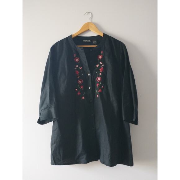 Style & Co Woman's Linen Tunic Top 16W Black Embroidery Dark Cottage Lagenlook - Picture 10 of 12